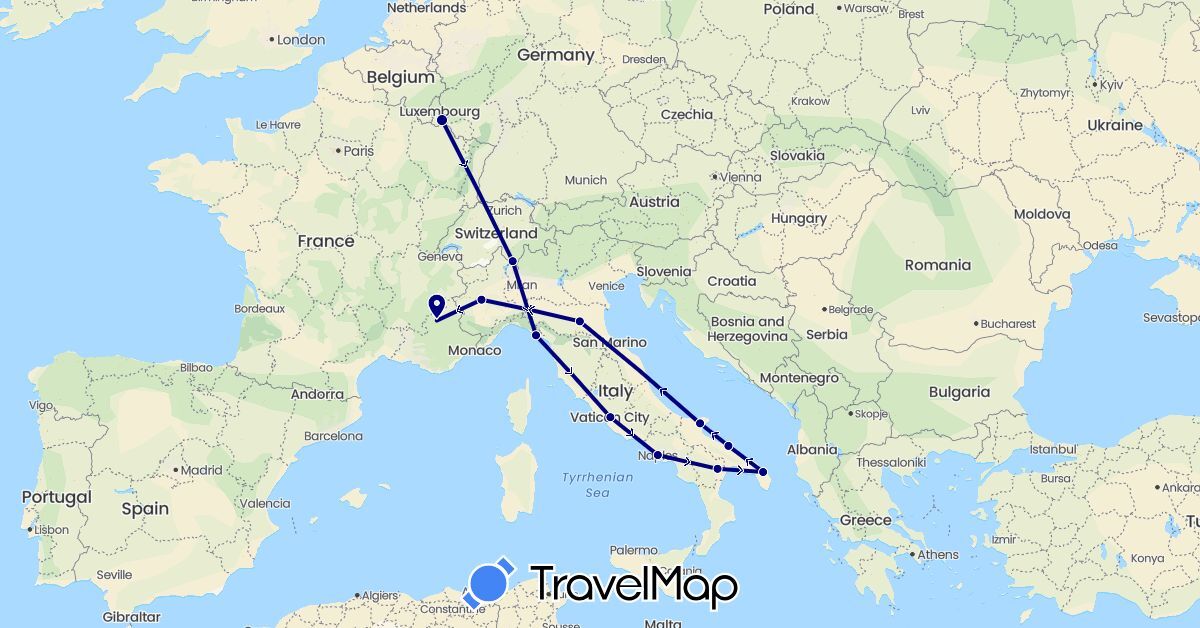 TravelMap itinerary: driving in France, Italy, Luxembourg (Europe)